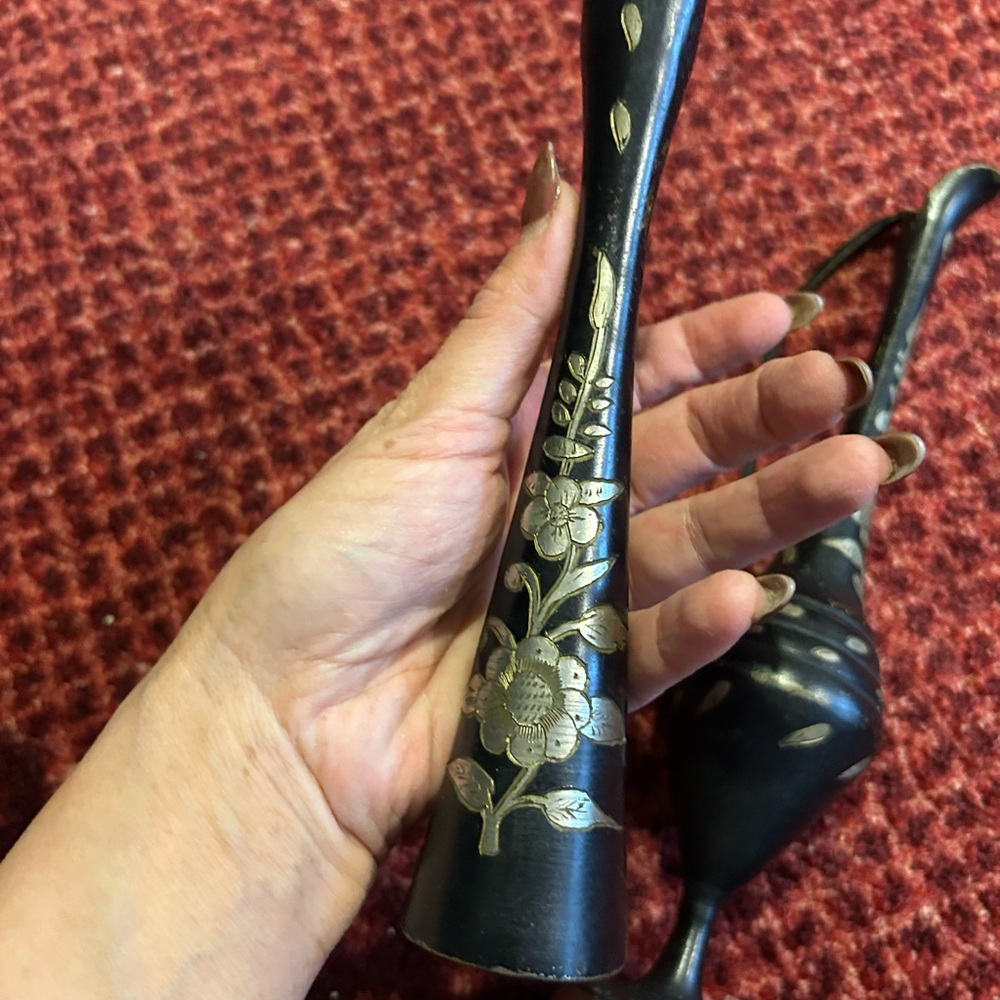Vintage Etched Metal Brass Black vase